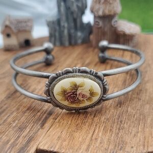 Vintage Floral Cottagecore Grandma Core Silver Bracelet Cuff B3324